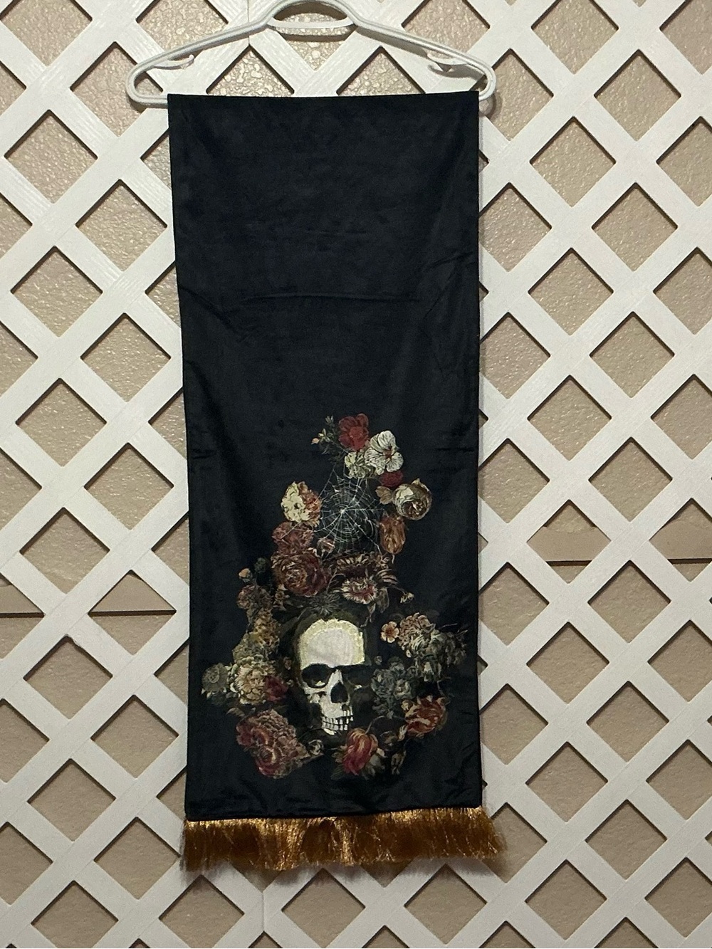 Gothic Black Skull & Floral Table Runner with Gold Fringe